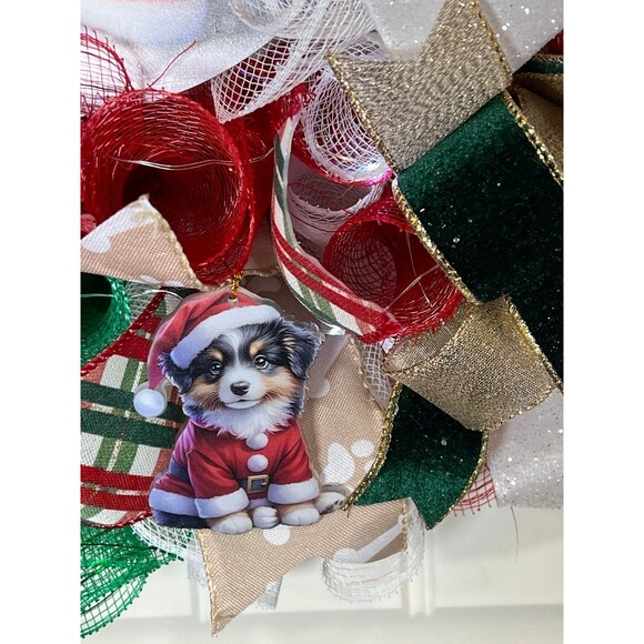 Handmade Christmas Santa Puppy Holiday Ribbon Door Wreath 22 ins W76 - Picture 8 of 12
